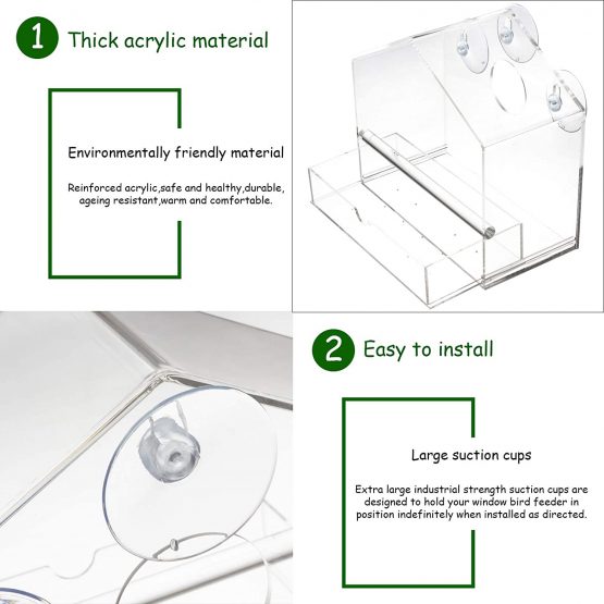 Display4top Outside Acrylic Balcony Window Bird Feeder with Drain Holes, Removable Tray, Super Strong Suction Cups,High Seed Capacity, Great Gift,Easy to Clean (20 x 18.5 x 10cm) - Image 3