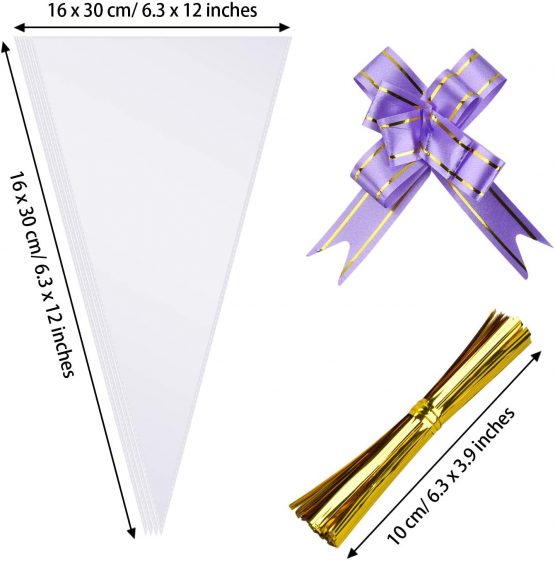 AUERVO 100PCS Clear Cone Bags Sweets Cellophane Treat Bags 12" X 6.3" Clear Resealable Cello Bags Party Gift Bags OPP Plastic Bag with 100PCS Mix Pull Bows for Candy, Soap, Cookie, Chocolates,Popcorn - Image 3