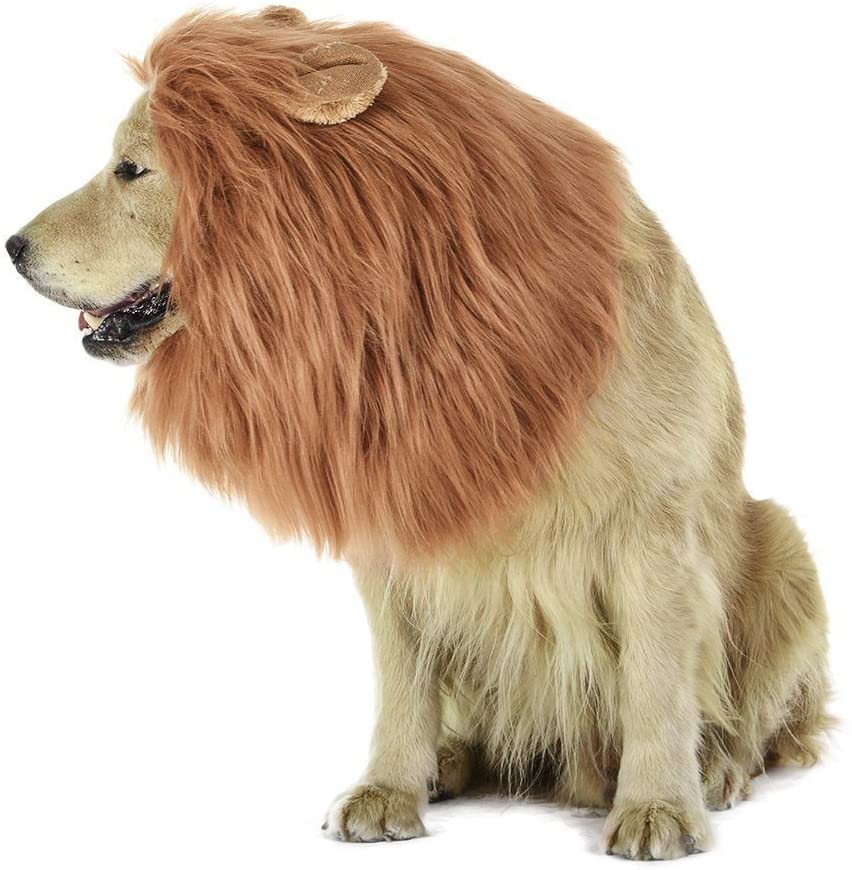 LUUFAN Lion Mane Wig for Dog and Cat Costume with Ears Pet Adjustable Comfortable Fancy Lion Hair Dog Clothes Dress for Halloween Christmas Easter Festival Party Activity (Dog- Light Brown)