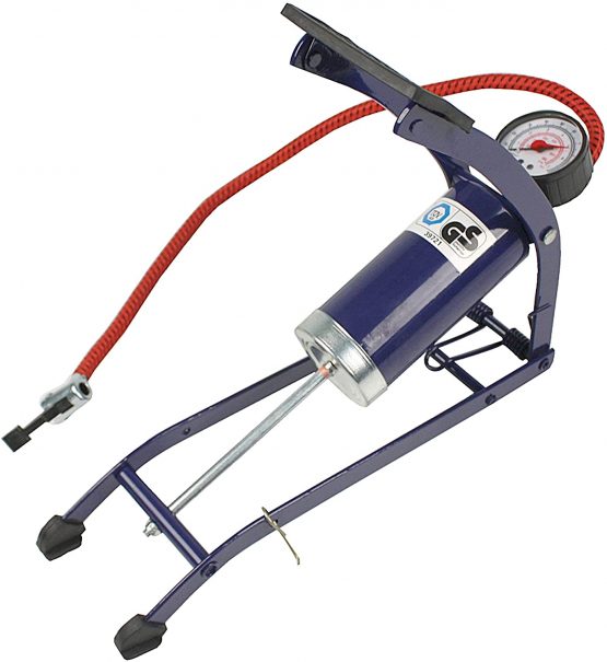 Sakura Single Cylinder Foot Pump PG270 – 52 cm Hose, Thumb Lock Connector, Pressure Gauge, 3 Valve Adaptors - For Schrader Valves Only