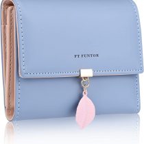 FT FUNTOR PU Leather Wallet for Women RFID-Blocking, Ladies Bifold Leaf Pendant Coin Zipper Small Purse with 5 Card Slots and 1 ID Window Card Holder Organizer (Blue)