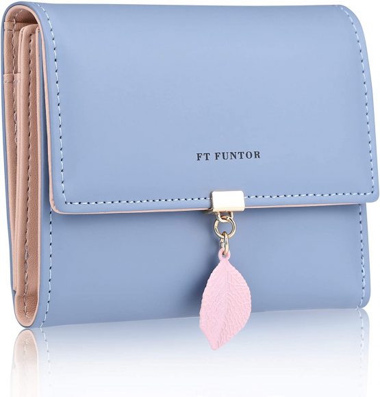 FT FUNTOR PU Leather Wallet for Women RFID-Blocking, Ladies Bifold Leaf Pendant Coin Zipper Small Purse with 5 Card Slots and 1 ID Window Card Holder Organizer (Blue)