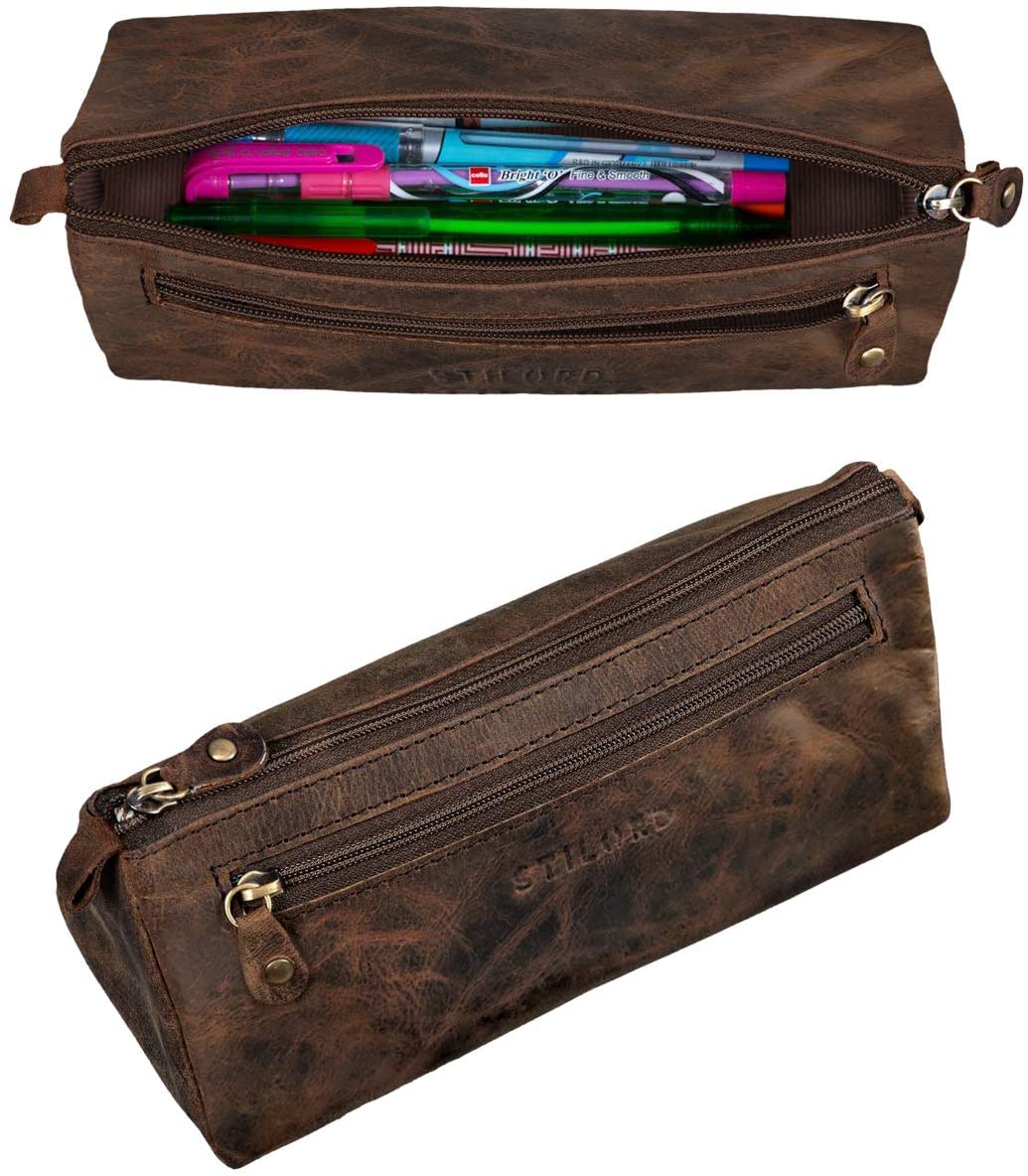 STILORD "Alexis" Leather Pencil Pouch Vintage Pen Case Holder with Zipper for Women Men for School Office in Genuine Leather Colour:Sepia - Image 2