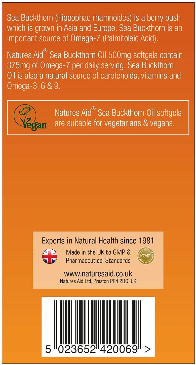 Natures Aid Sea Buckthorn Oil 500mg, Omega-7 High Strength, Supports Skin, Immune & Heart Health - Image 2