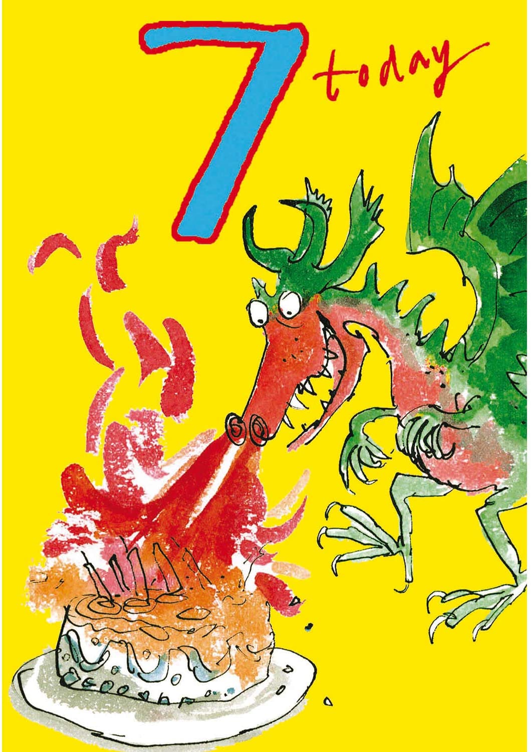 Woodmansterne Boy's Birthday Card - Age 7 - Quentin Blake - Dragon (2860), yellow|green|red|black, 120mm x 172mm