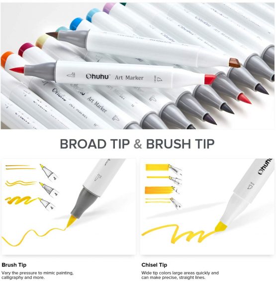48 Color Art Markers Set, Ohuhu Dual Tip Brush & Chisel Sketch Marker for Kids, Artist, Students, Brush Markers for Sketching, Adult Coloring, Calligraphy, Drawing and Illustration Markers - Image 2