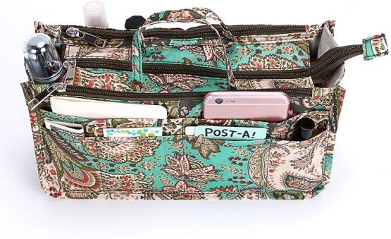 IGNPION Printed Insert Handbag Purse Organiser 13 Pockets Expandable Liner Bag Pouch Zipper Closure Tote Organiser Diaper Bag Insert with Handle (29x 16x 9cm) (Peacock Flower) - Image 4
