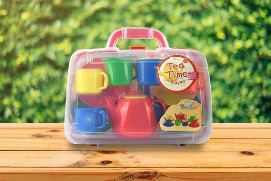 Vinsani 15 Piece Colourful Plastic Tea Party Set Includes Teapot, Jug, Sugar Bowl, Saucers & Spoons with Portable Carry Case for Boys Girls Pretend Play Age 3 Years - Image 4