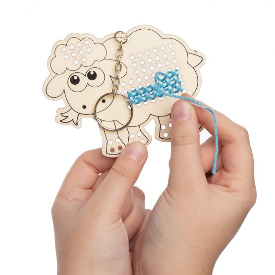 Baker Ross AT468 Fluffy Sheep Wooden Cross Stitch Keyring Kits - Pack of 5, Introduction to Sewing, Wooden Templates with Bright Coloured Wool for Craft Key Chains - Image 3