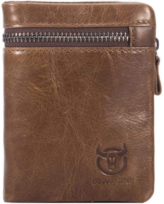 Genuine Leather Men Wallet, RFID Blocking Antimagnetic Credit Card Holder, Zipper Coin Purse Brown