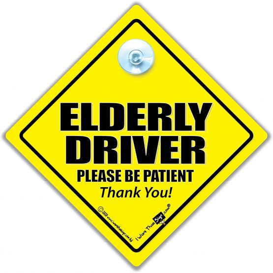 Elderly Driver Please Be Patient Car Sign, Suction Cup Car Sign For Elderly Drivers, Baby On Board Sign Style Advisory Sign For Old Drivers in Super Bright Yellow and Black 14cm x 14cm x 2cm
