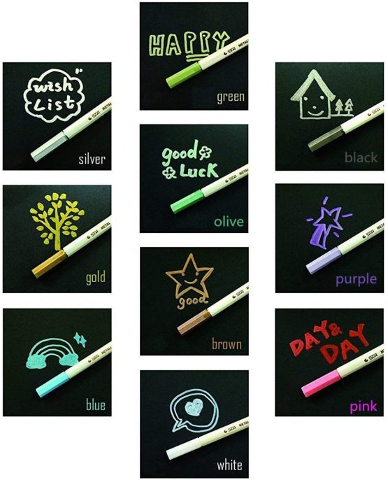 Metallic Marker Pens, APOGO Set of 10 Assorted Colours Painting Pens Art Marker for Card Making, scrapbook pens for black paper, DIY Photo Album, Plastic, Glass, Metal, Wood, Stone - Image 4