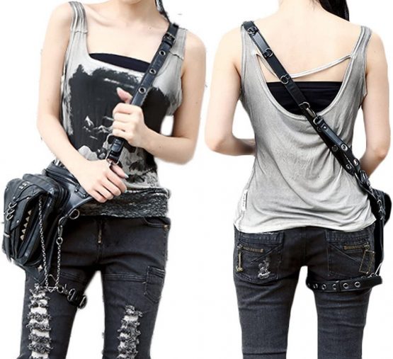 FiveloveTwo Men Women Leather Multi-purpose Tactical Drop Leg Arm Bag Pack Hip Belt Waist Fanny Messenger Shoulder Bag Black - Image 3