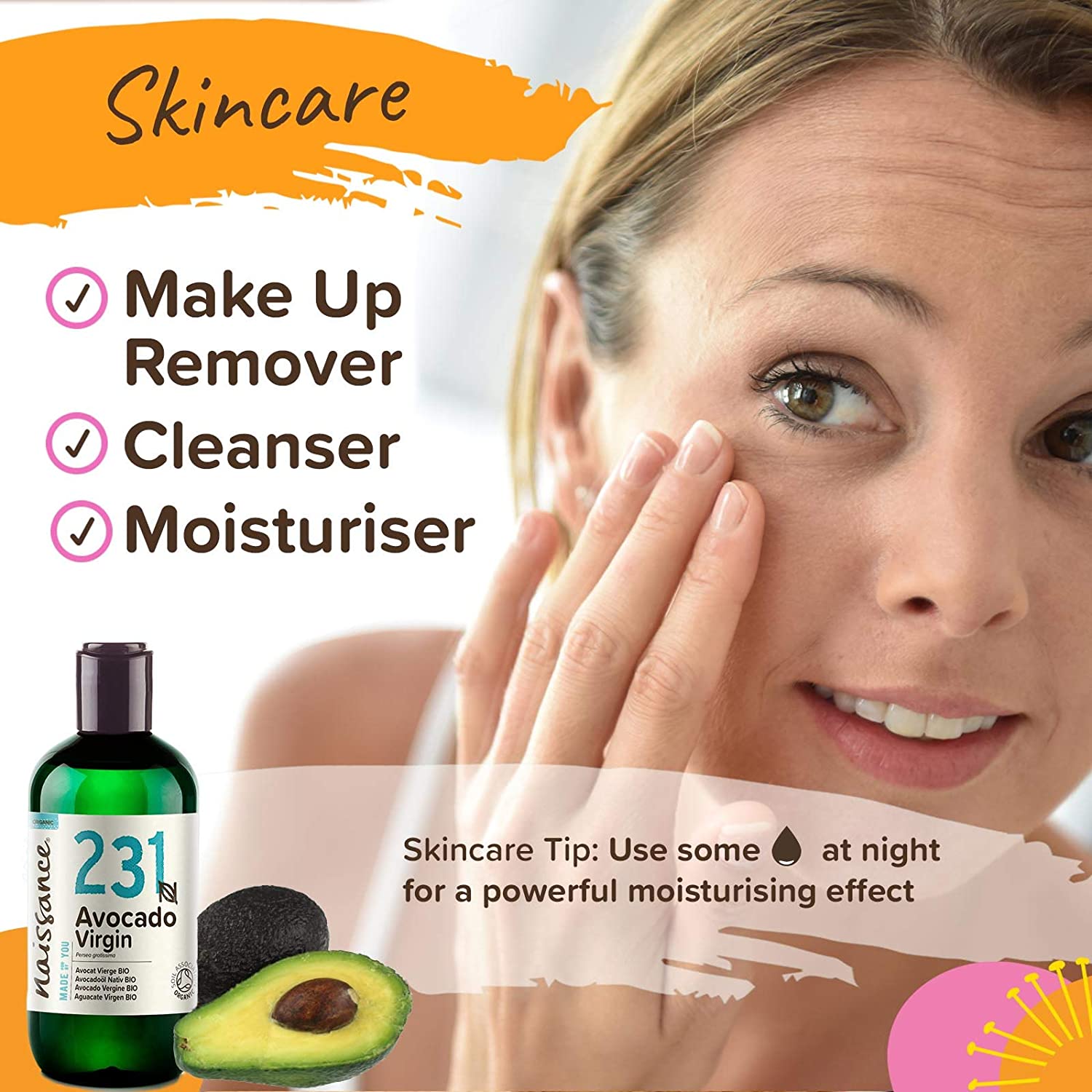 Naissance Organic Avocado Oil (no. 231) - 225ml - Natural Moisturiser - for Skin Face, Nails, Body, Hair Growth, Nails, Soap Making - Image 2