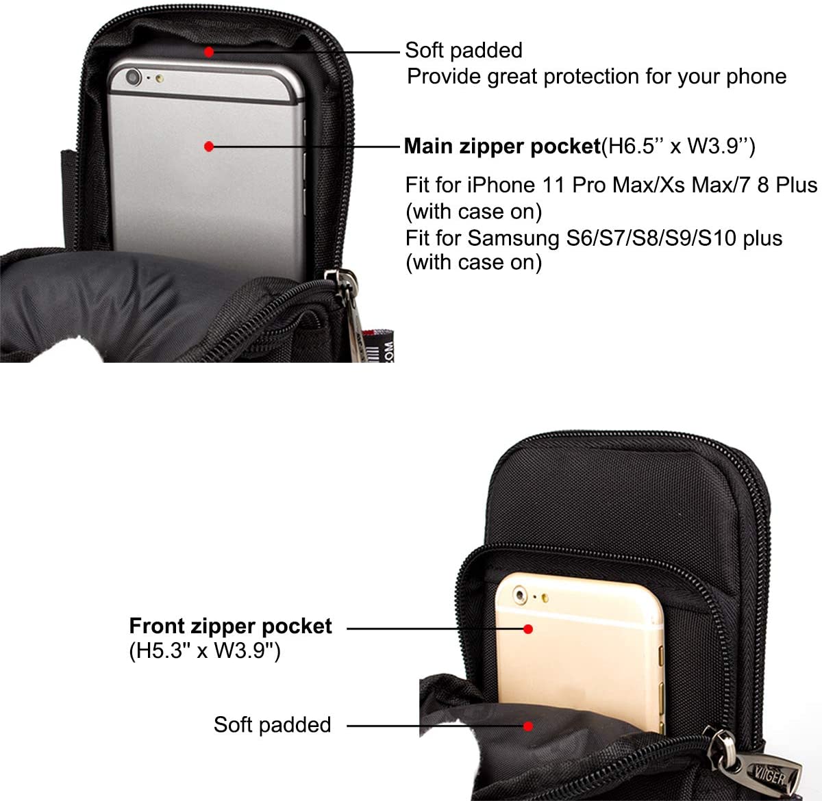 VIIGER Nylon Dual Pocket Phone Case Holster Belt Loop Pouch Bag Mens Zipper Belt Pouch with Clip Smartphone Holder Compatible for iPhone 17 Pro Max iPhone 16 Pro Max S25 Ultra S25+ - Image 3
