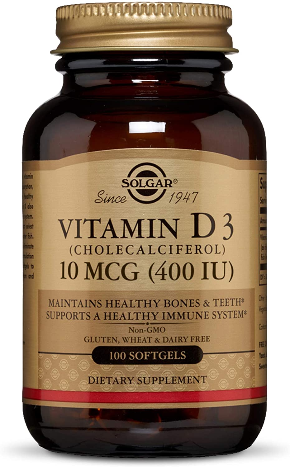 Solgar Vitamin D3 400 IU (10 μg) Softgels, Pack of 100, Cholecalciferol, Keeps Bones and Teeth Healthy