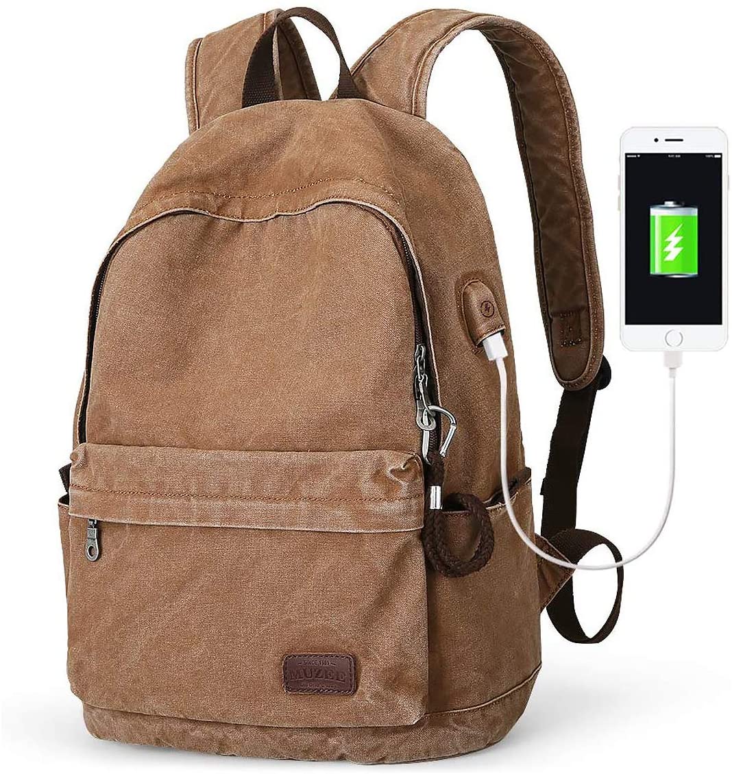 Muzee Canvas School Backpack with 15.6 inch Laptop for Men Women Lightweight Anti-Theft Travel Daypack College Student Backpack Mit USB Charging Port