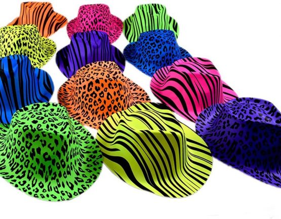 NOVELTY PLACE [Party Stars Neon Color Animal Print Plastic Party Hats for Kids Teens and Adult (Pack of 24)