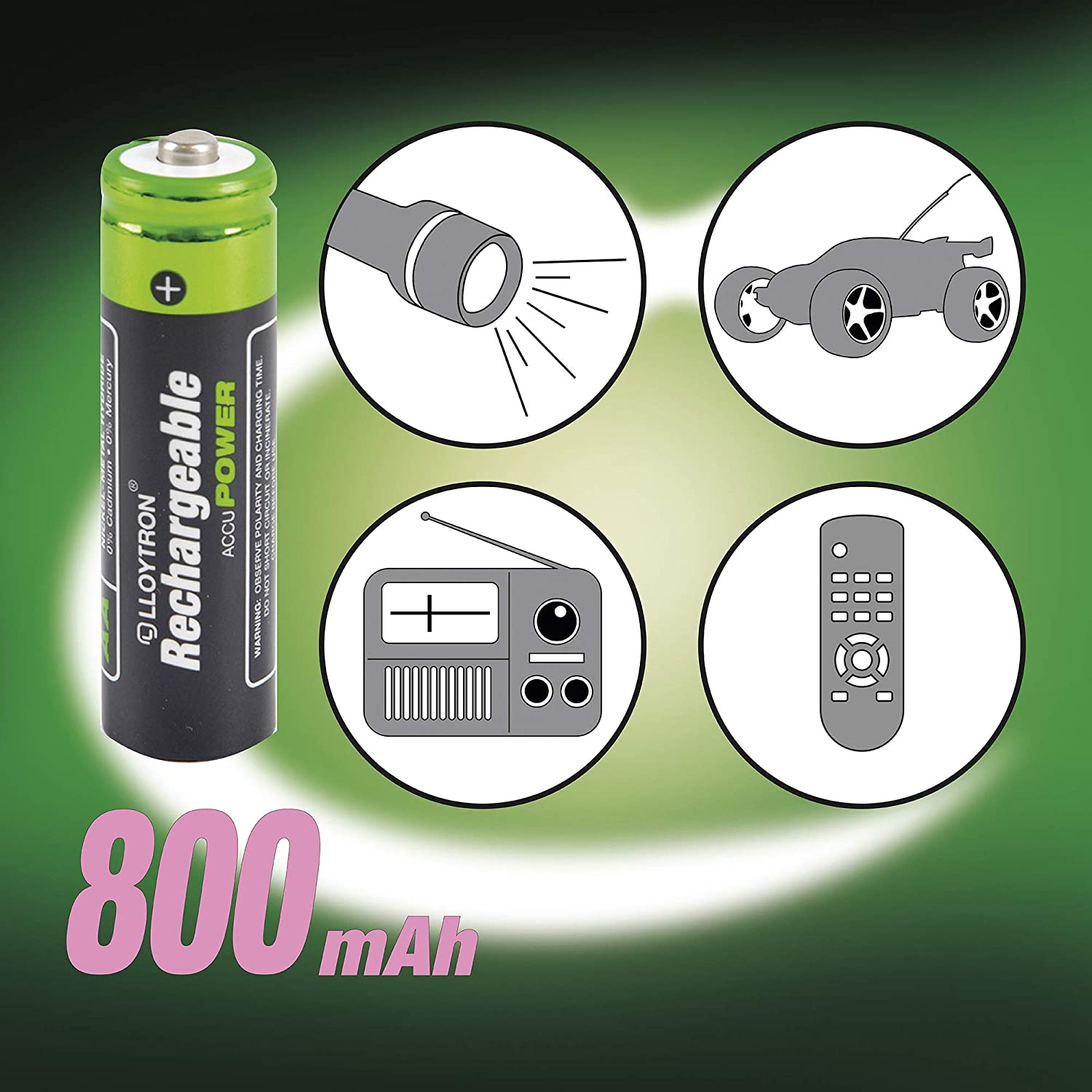 LLOYTRON NiMH Rechargeable AccuPower Batteries / AA Size / 800mAh / 4 Pack - B011, Black Green, AA 800mAh (4 Pack) - Image 4