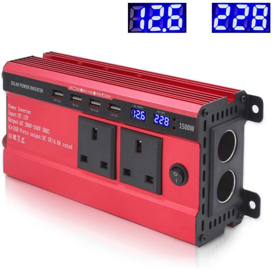 LVYUAN 1500W Power Inverter 12V to 240V AC Car Converter with 3.1A 4 USB 2 AC Sockets Dual Car Adapter With 2 LED Display