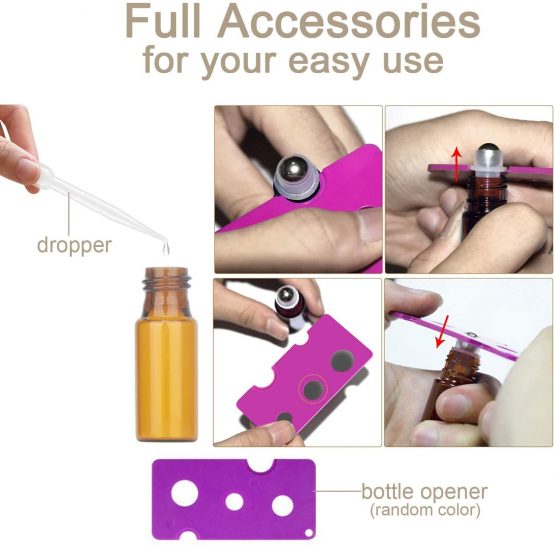 10Pcs Essential Oils Roller Bottles, Yalbdopo 5ml Refillable Amber Sample Glass Roll on Bottles with Stainless Steel Roller Balls & 1 Dropper & 1 Bottle Opener, Great for Aromatherapy, Fragrance - Image 3