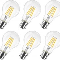 B22 LED Filament Bayonet Bulb, 6.5W GLS Energy Saving Bulbs, Retro Glass A60 LED Bulbs,60W Equivalent, 806Lm, 2700K Warm White A60 Clear Filament Bayonet Cap,Non-dimmable (6 PCS)