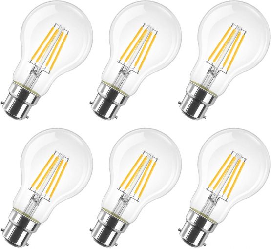 B22 LED Filament Bayonet Bulb, 6.5W GLS Energy Saving Bulbs, Retro Glass A60 LED Bulbs,60W Equivalent, 806Lm, 2700K Warm White A60 Clear Filament Bayonet Cap,Non-dimmable (6 PCS)
