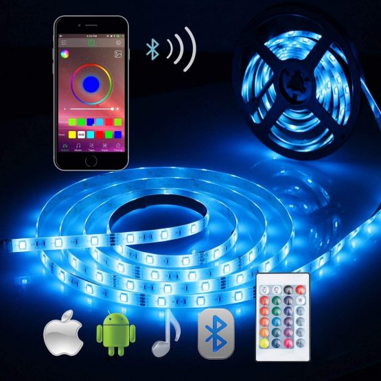 Bluetooth LED Strip 5M Waterproof LED Strips Lights Music Sync Color Changing RGB 12V 5050 Cuttable Sticky LED Lights with Remote&App Control Lights for Bedroom Outdoor Party TV Kitchen