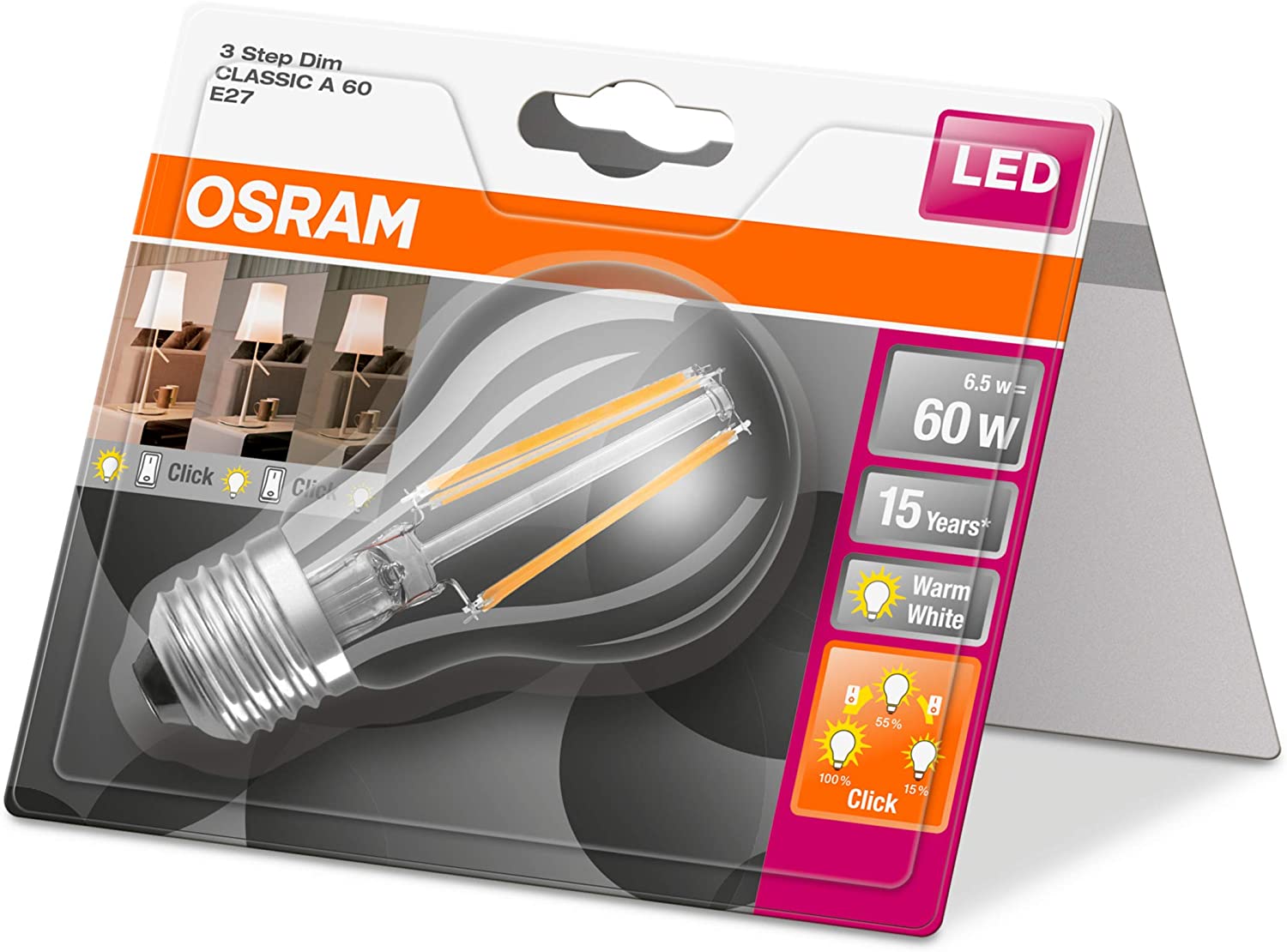 OSRAM LED Star+ Triple Click Dim, Socket: E27, Dimmable in 3 Levels, Warm White, Replaces a Standard 60 Watt Bulb, Filament - Image 3