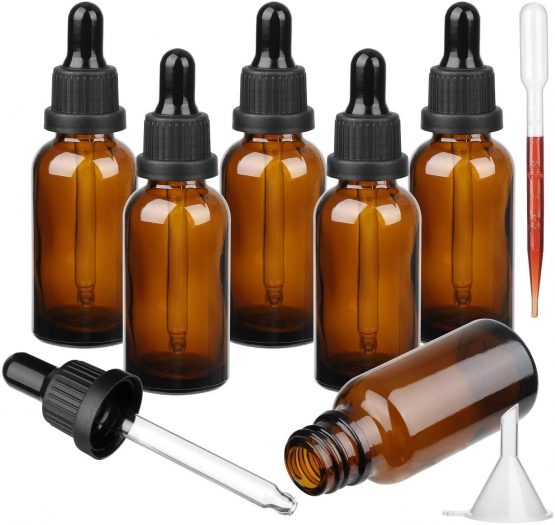 Hyber&Cara Amber Glass Bottle with Glass Pipette, 6 X 30ml / 1oz Dropper Bottles Refillable for Essential Oil Aromatherapy Blends