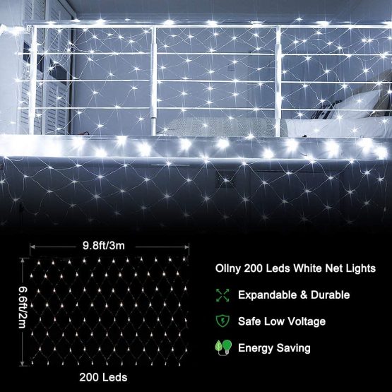 Ollny Outdoor Net Lights Garden Mesh Lights,200 Led 3m x 2m Fairy Light Net Lights Mains Powered Cool Whtie Net Lights with Remote & Timer for Indoor Curtain Bedroom Christmas Holiday Yard Decorations - Image 2