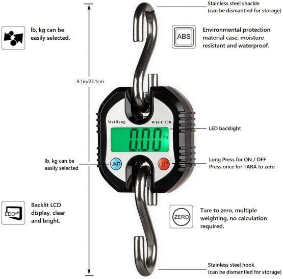 Rhorawill Crane Scale 150kg Double Accuracy Electronic Digital Hook Scale Mini LCD Loop Hanging Scale Luggage Fishing Scale Heavy Duty Weight Balance with Tare Function Black - Image 2