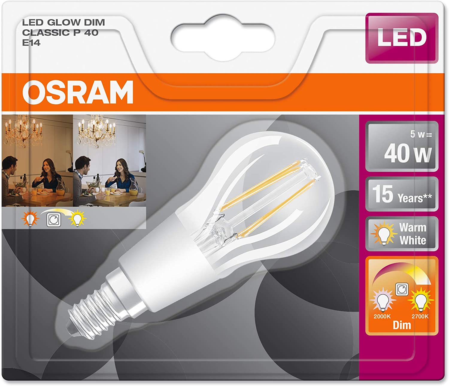Osram Drop Shape Star+ GLOWdim Classic P LED Lamp, Glass, Warm White, E14, 5 W, Set of 1 - Image 3