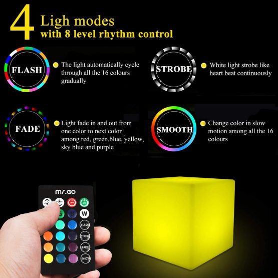 Mr 10cm LED Night Light Cube Lamp for Kids & Adult, Colour Changing Mood Light with Remote Control, 16 RGB Colors, 8 Dimmable Brightness, Rechargeable Battery Operated Bedside Lamp for Bedroom - Image 3