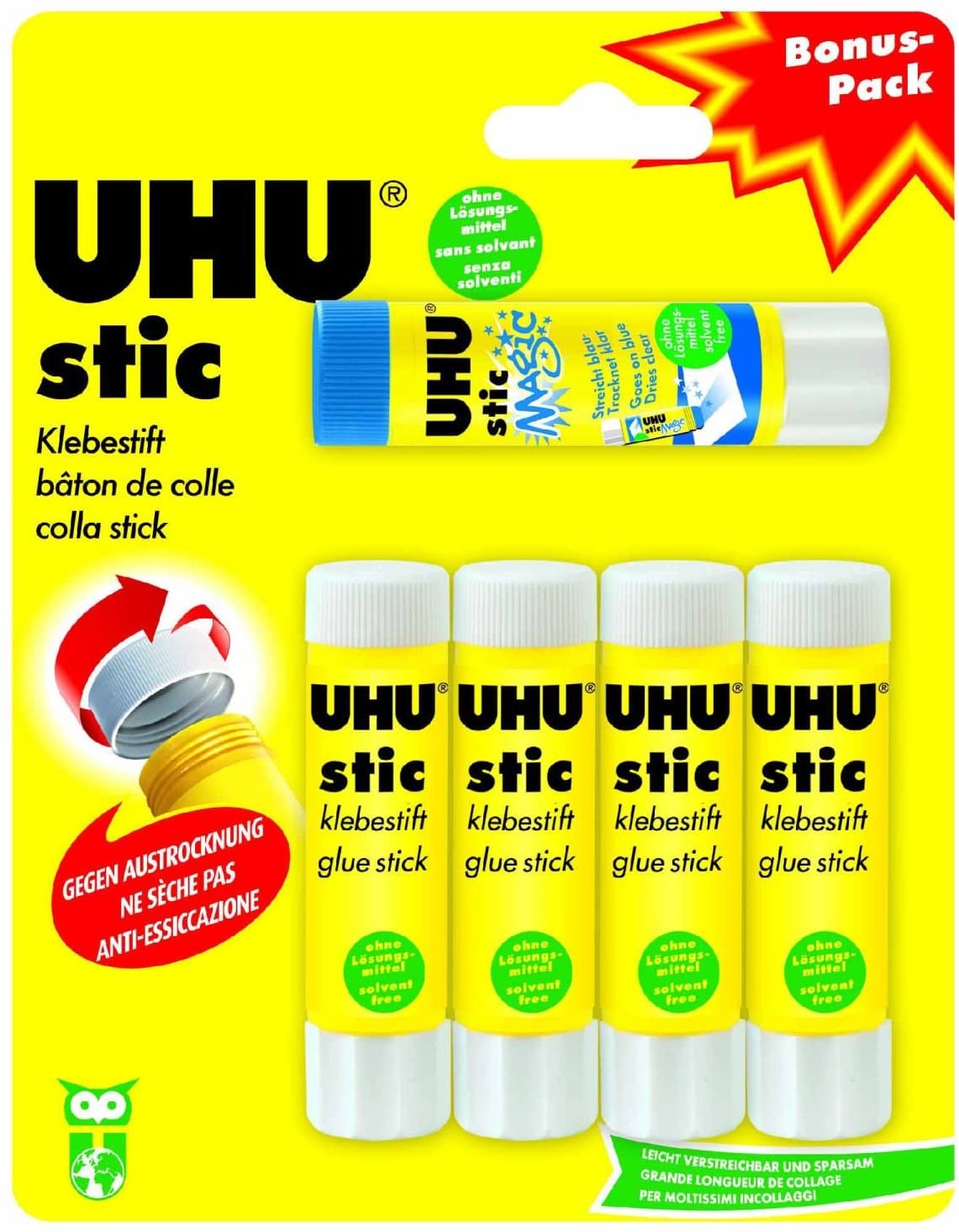 Uhu 45275 - 5 glue sticks 4x Stic mit 1x Magic Stic, 8.2 g, Clear, 4 x 8,2g + 8,2g Magic blau