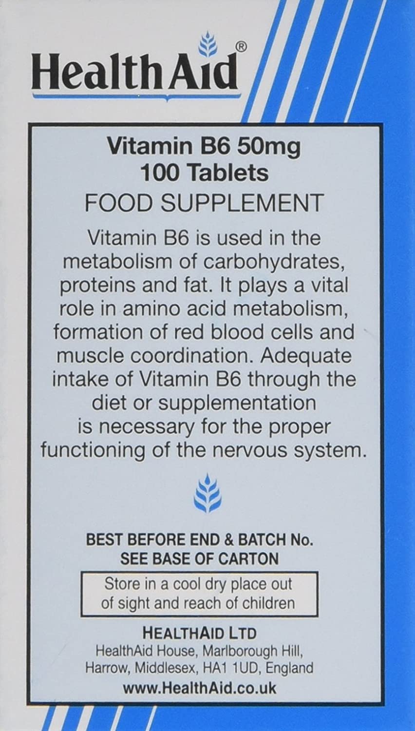 HealthAid Vitamin B6 (Pyridoxine HCl) 50mg - 100 Tablets, White, 100 count (Pack of 1) - Image 3
