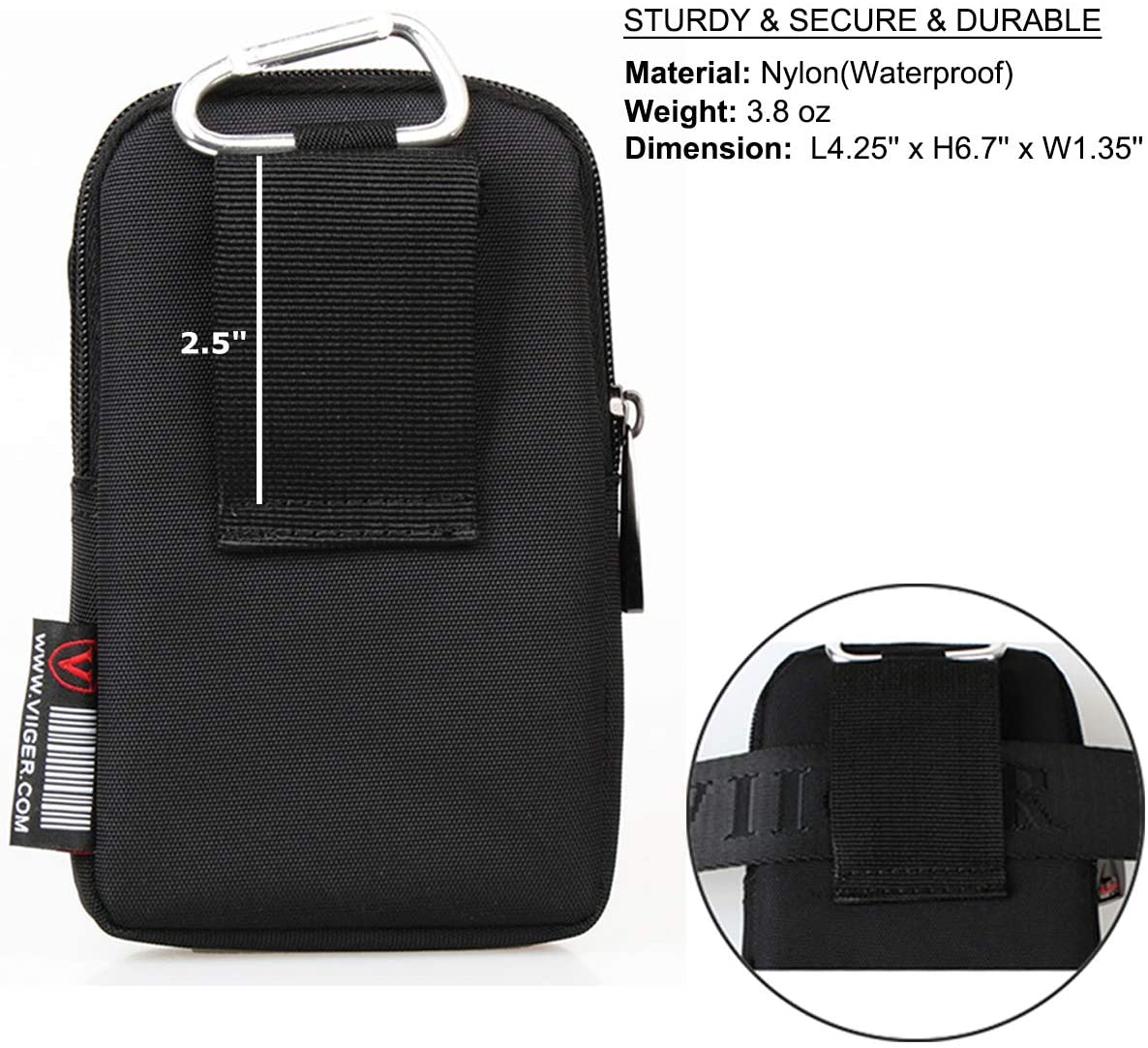 VIIGER Nylon Dual Mobile Phone Holster Versatile Belt Case Holder Mens Belt Pouch w/Clip Smartphone Belt Loop Pouch Bag 2 Zipper Pockets Compatible with iPhone 17 Pro Max 16 Pro Max - Image 4