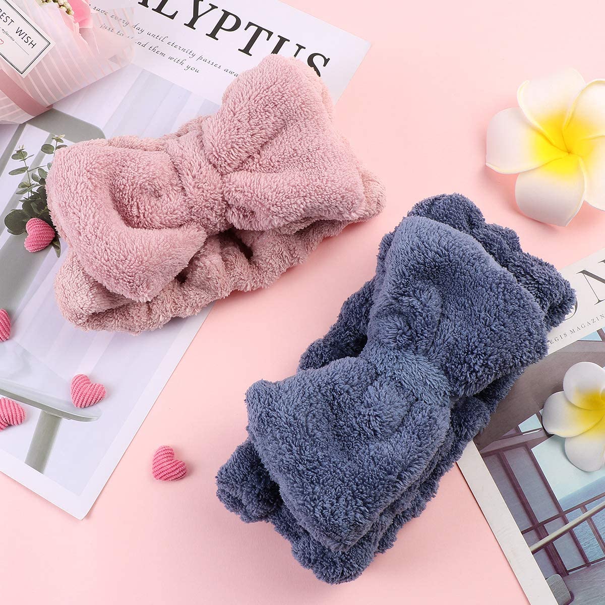 Frcolor Bowknot Hair Bands Elastic Coral Plush Make-up Face Wash Shower Headband for Women Girl 3Pcs (Blue Pink White) - Image 4