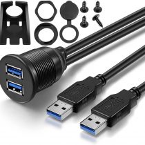 OBSTORM 2 Ports Dual USB 3.0 Male to USB 3.0 Female AUX Flush Mount Car Mount Extension Cable for Car Truck Boat Motorcycle Dashboard Panel (1 Meter)