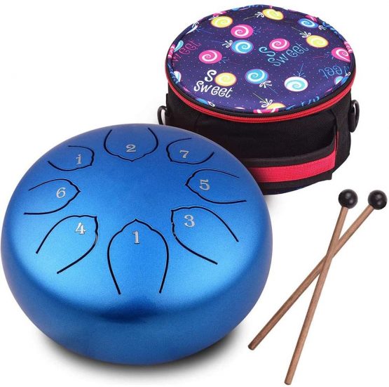 Musfunny Steel Tongue Drum 8 Notes 6 Inches Percussion Instrument C-Key Handpan Drum with Bag,Couple of Mallets Wiping Cloth for Musical Education Concert Yoga (Blue)