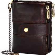 Mens Wallet RFID Blocking Soft Genuine Leather Gents Wallet with Chain, Double Zipper Men Leather Wallets with Coin Pocket Small Mens Bifold Wallets 16 Card Holder (Coffee)