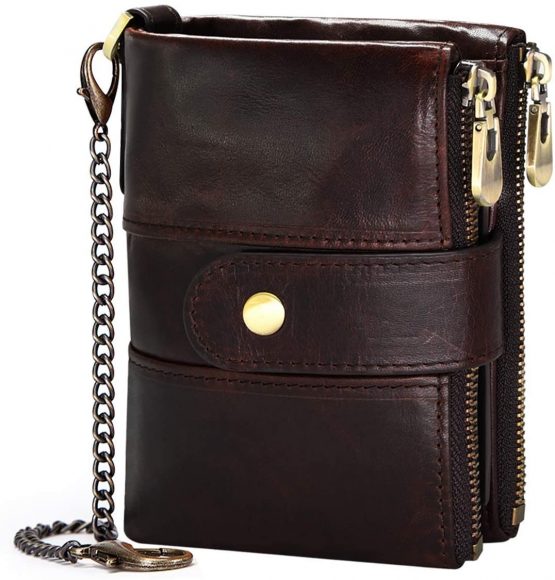 Mens Wallet RFID Blocking Soft Genuine Leather Gents Wallet with Chain, Double Zipper Men Leather Wallets with Coin Pocket Small Mens Bifold Wallets 16 Card Holder (Coffee)