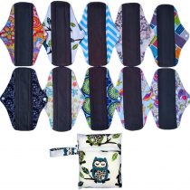 10PCS 10 Inch Charcoal Bamboo Cloth Reusable Washable Menstrual Pads Sanitary Pads+1 Wet Bag (mc10-10-01)