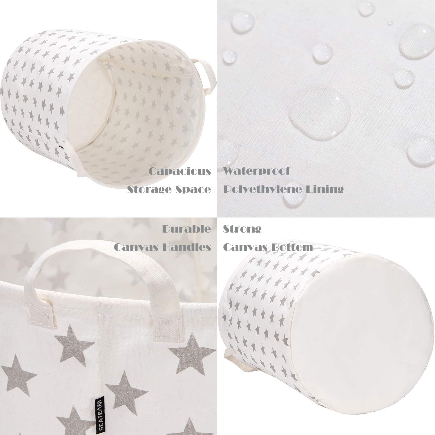 Sea Team 19.7 Inch Large Sized Waterproof Coating Ramie Cotton Fabric Folding Laundry Hamper Bucket Cylindric Burlap Canvas Storage Basket with Stylish Grey Stars Design - Image 4