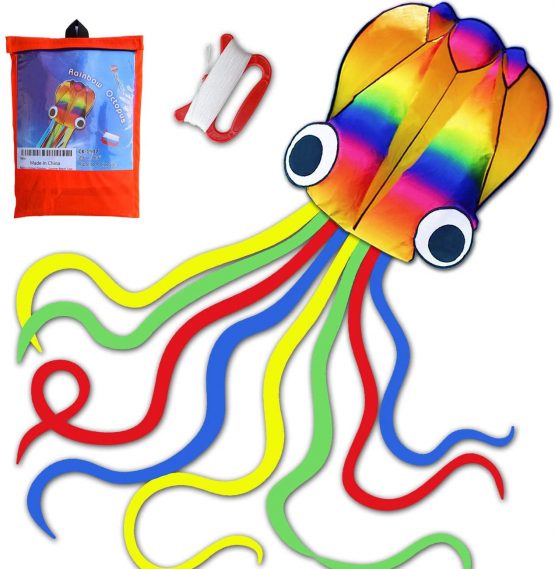 HONBO Huge Rainbow Soft Octopus Kite for Kids and Audlts- Large Kite with Long Tail and 200ft line---Easy to Fly kites for chlidren under 10