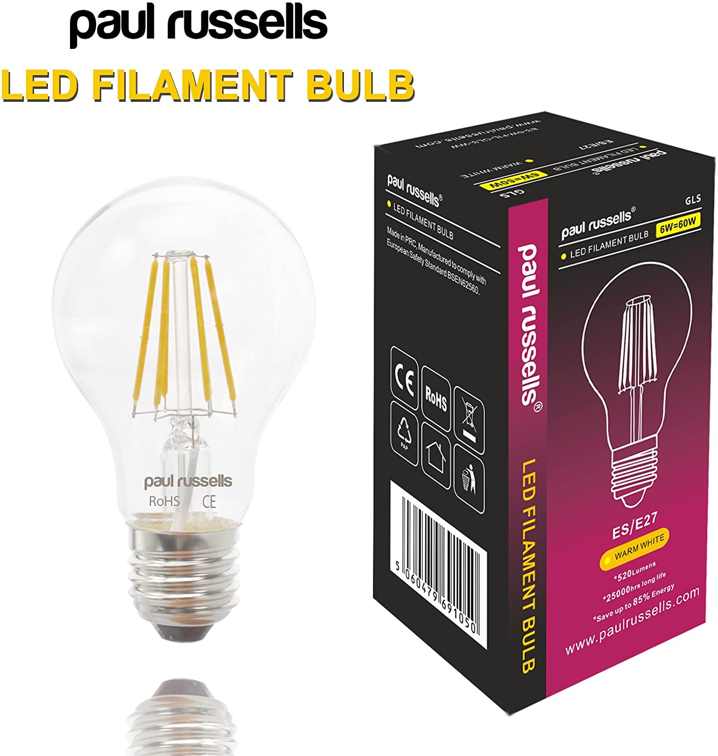 paul russells E27 Edison Screw LED Filament, 7Watt 60W Equivalent 806LM Lumens 2700K ES Standard GLS A60 - Image 2