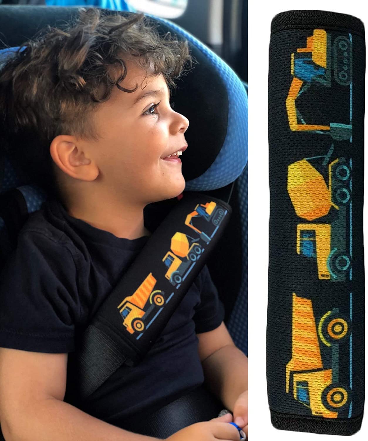 HECKBO 1x Kids Car Seat Belt Pads Seat Belt Protectors, Construction Cars