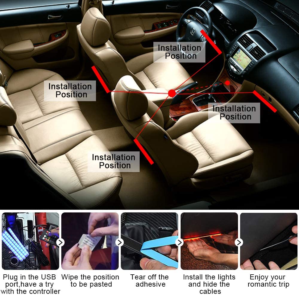 Interior Car Lights Trongle Car Strip LED Lights, Waterproof with 4pcs 48 LEDs 8 Colors with Sound Sensor and Remote Control - Image 3