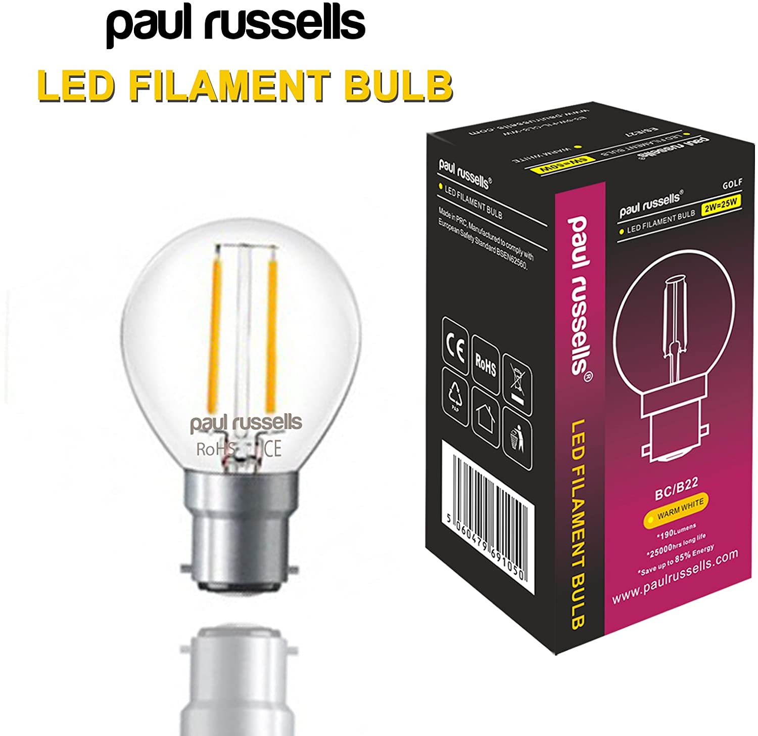 Paul russells LED Filament Golf Ball Light Bayonet Cap B22, 25w Equivalent Bulb, 2.5W 250LM Mini Globe G45 LED Bulbs - Image 2
