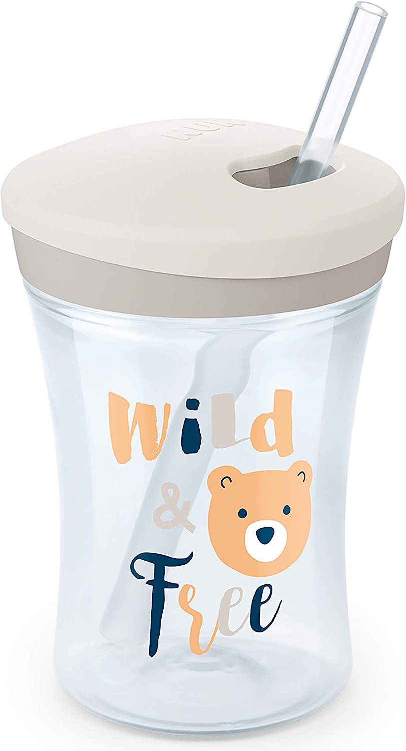 NUK Action Cup Toddler Cup, Twist Close Soft Drinking Straw, Leak-Proof, 12+ Months, BPA-Free, 230ml, Bear(Transparent)